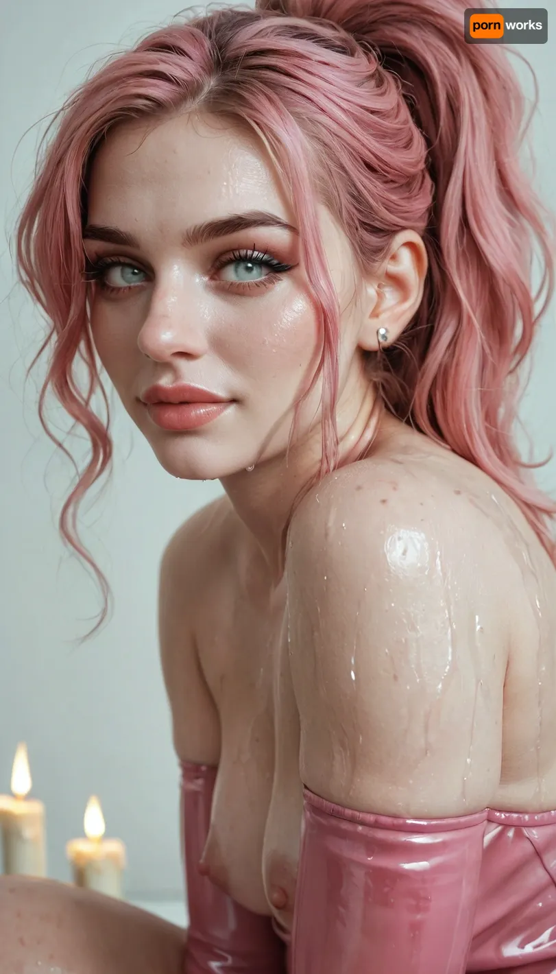 Score_9, european woman, (face closeup:1.13), chubby, cute face, ponytail, messy wet hair, perfect small breasts, pale pink hair, (pale skin:1.5), transparent pink latex dress, (white eyes:1), (puffy areola:1.33), seductive smirk, narrow lips, green makeup, candle light, (under view:1.3), (side view:1.25), squatting, <lora:aka-000002:.7>, <lora:EnvyZoomSliderXL01:2>, <lora:765092_training_data:1>