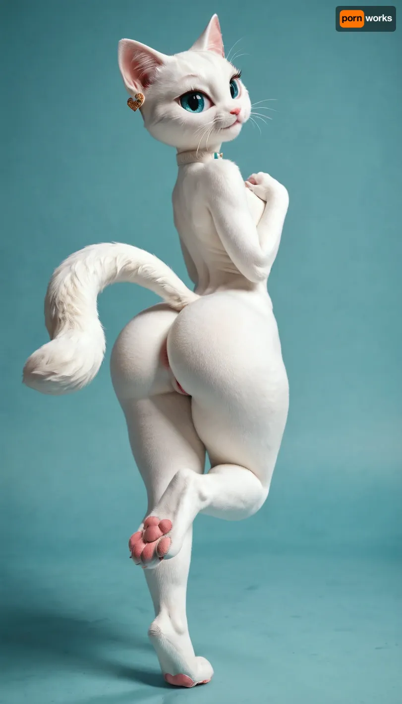 ((anthro white cat, female anthro white cat:1)), solo, huge ass, sexy cat girl, (tall:1.6), thin body, huge hips, thick fur, long cat tail, looking back over shoulder at viewer, (showing cute little kitty paws), cute puffy asshole, standing with one leg up, <lora:early621-000002:.9>, <lora:aniv3de:.5>, <lora:Fur:.8>
