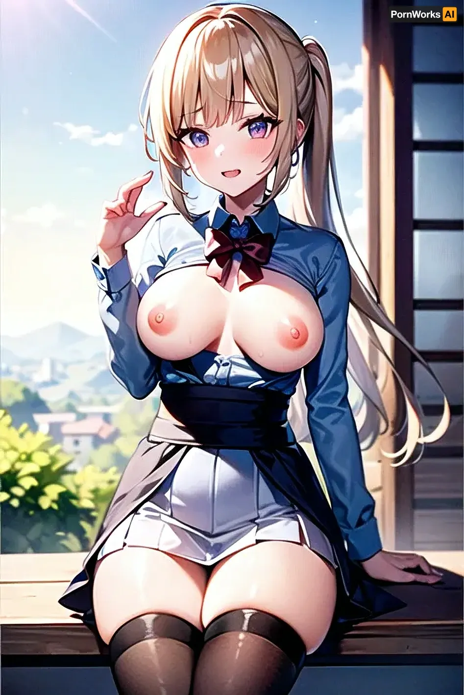 1girl, kei, karuizawa, blue, shirt, white, skirt, around, waist, red, stockings, (show tits), hard nipples, <lora:kei_karuizawa_final:.5>
