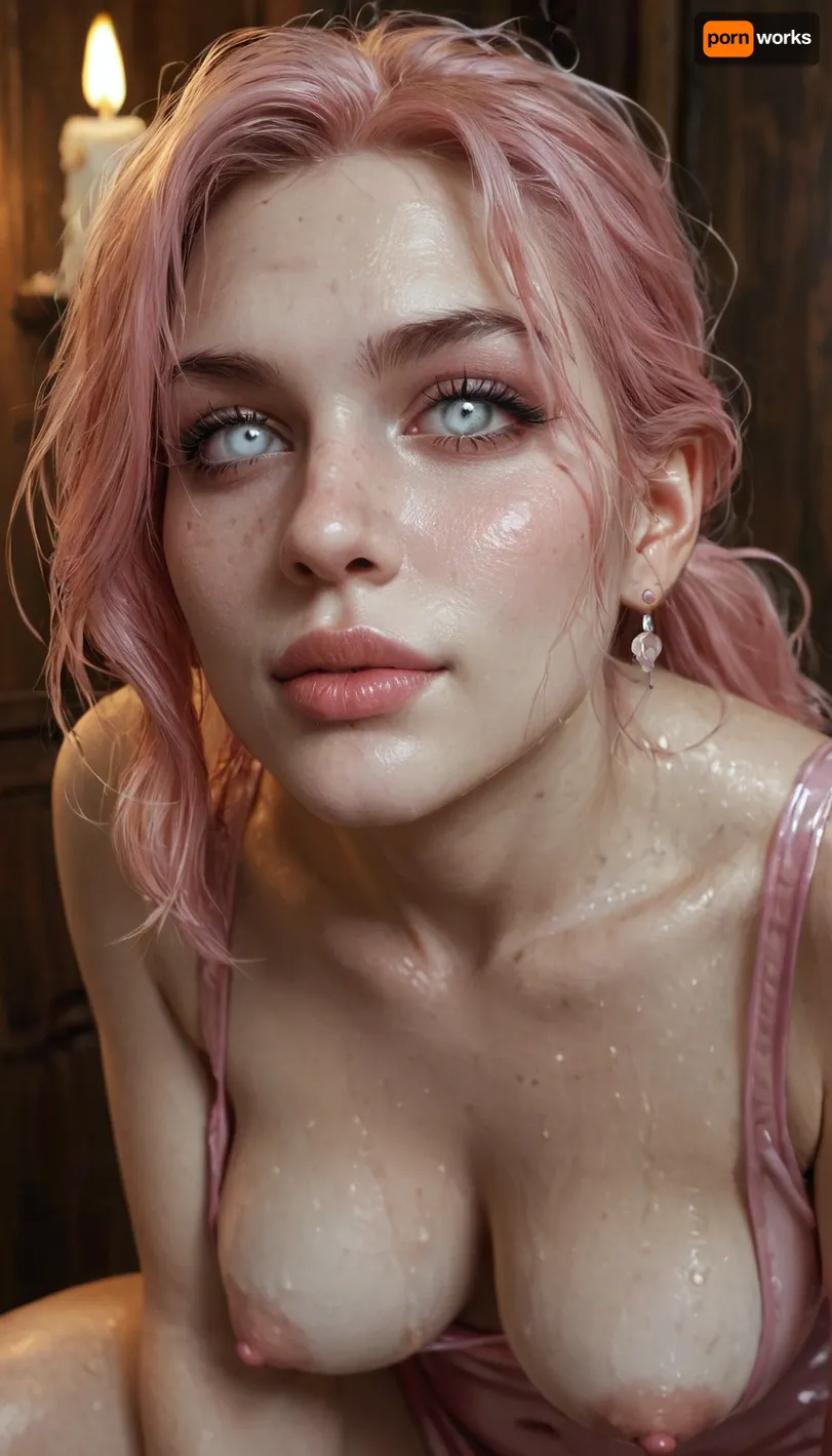 Score_9, european woman, (face closeup:1.13), chubby, cute face, ponytail, messy wet hair, perfect medium breasts, pale pink hair, (pale skin:1.5), transparent pink latex dress, (white eyes:1.3), (dimples:1.5), (puffy areola:1.33), seductive smirk, narrow lips, green makeup, candle light, (under view:1.3), (side view:.4), squatting, <lora:aka-000002:.7>, <lora:EnvyZoomSliderXL01:1>, <lora:765092_training_data:1>, <lora:detailed_notrigger:.8> Score_9, european woman, (face closeup:1.13), chubby, cute face, ponytail, messy wet hair, perfect medium breasts, pale pink hair, (pale skin:1.5), transparent pink latex dress, (white eyes:1.3), (dimples:1.5), (puffy areola:1.33), seductive smirk, narrow lips, green makeup, candle light, (under view:1.3), (side view:.4), squatting, <lora:aka-000002:.7>, <lora:EnvyZoomSliderXL01:1>, <lora:765092_training_data:1>, <lora:detailed_notrigger:.8>