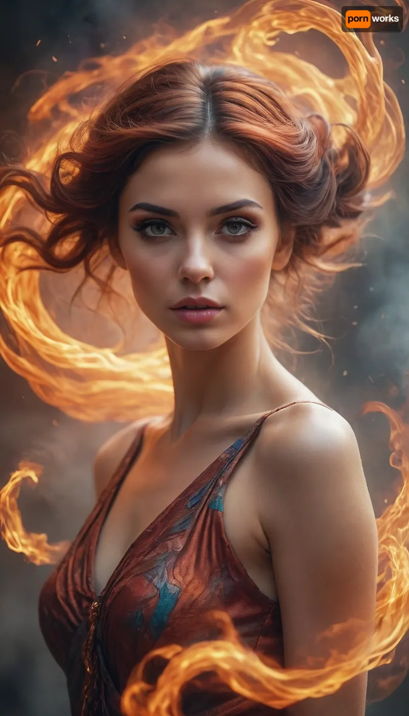Surreal Portrait of Woman with Swirling Fiery And Smokey Essence in Ethereal Fantasy Art Style