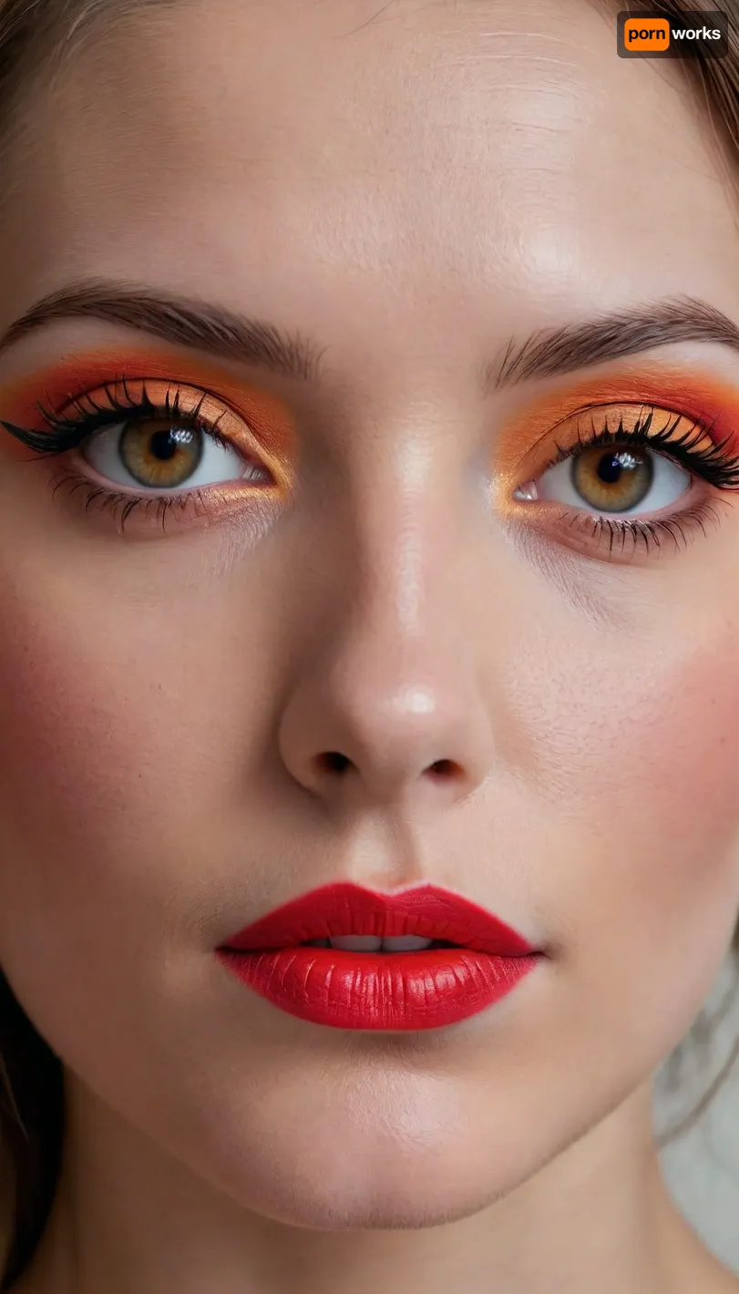 a drawing of a woman's face with a red eyeshadow, in the style of bold colorful lines, dark beige and orange, made of wire, flawless line work, captivating portraits, raw and edgy