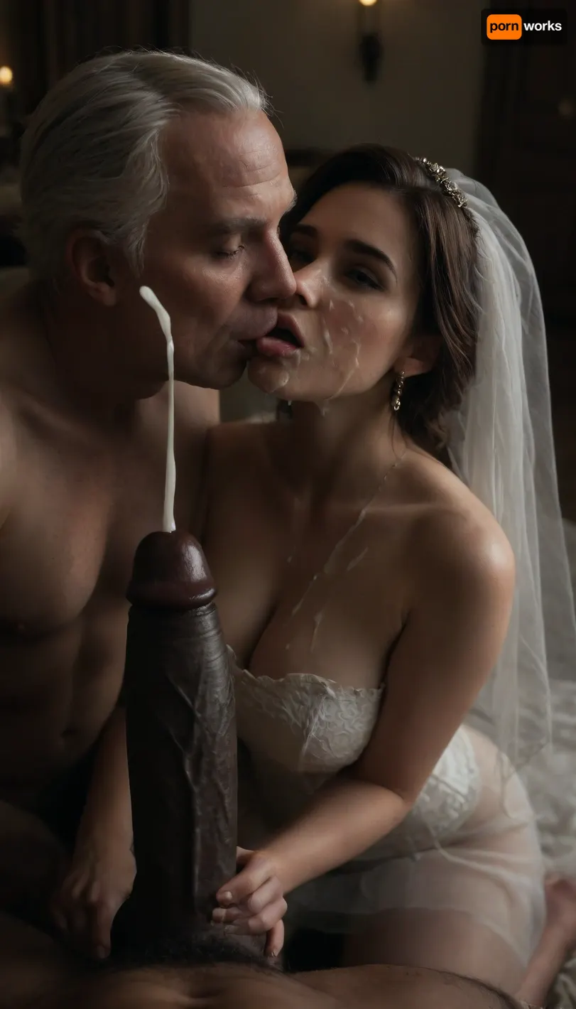 (POV of an giant black man with large oily black penis cum shot on the cuckold Groom and bride's face), huge amount of cum on both faces, cumbucket face, (((The white cuckold man is kiss the bride))), ((cumshot facial)), a Curvy Persian bride in a beautiful white slutty and cutout wedding dress sitting on a luxurious bed, ((both looking at each other lovingly)), soft candlelight and moonlight glowing in the room, rose petals scattered around, dreamy and intimate atmosphere, fantasy style, highly detailed, A romantic bedroom scene, cinematic lighting, romantic_couple_poses, green, eyes, blue, brown, perfecteyes, woman, cum, BadX, <lora:dark:.4>, <lora:1365620_training_data:.7>, <lora:PerfectEyesXL:.5>, <lora:JustCum:.5>, loasha, looking, ashamed, with, hands, on, face, <lora:LookingAshamed.1.0:.8>