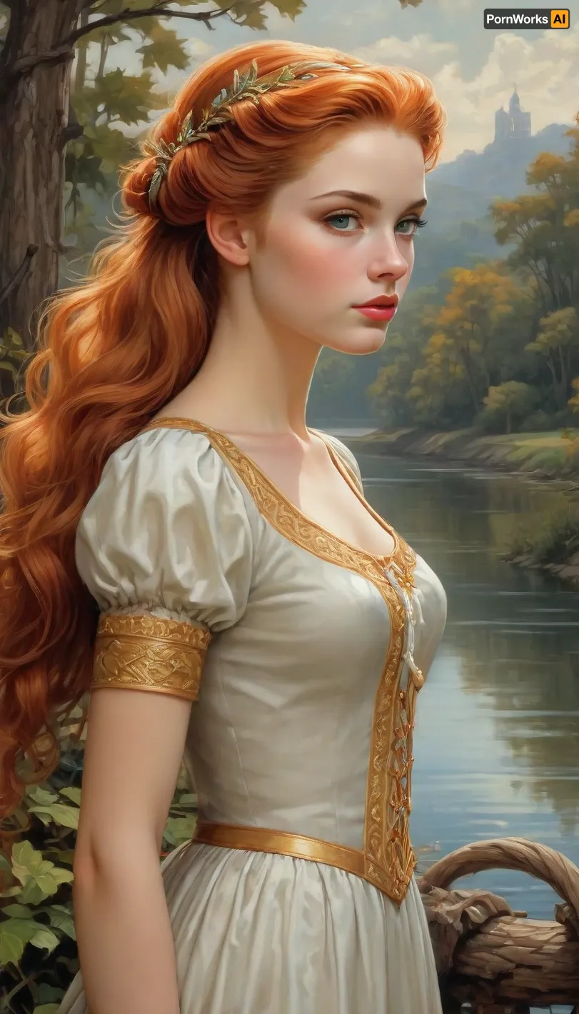masterpiece, best quality, on the river bank, 1girl, solo, looking at viewer, long hair, ponytail, blue eyes, orange hair, very long hair, brown hair, magical girl, (style Michael Cheval:1.5), J.C., Leyendecker, Style, page, <lora:J.C. Leyendecker Style:.8>, <lora:hagi_XL_v1_AutoRunMech:.8>