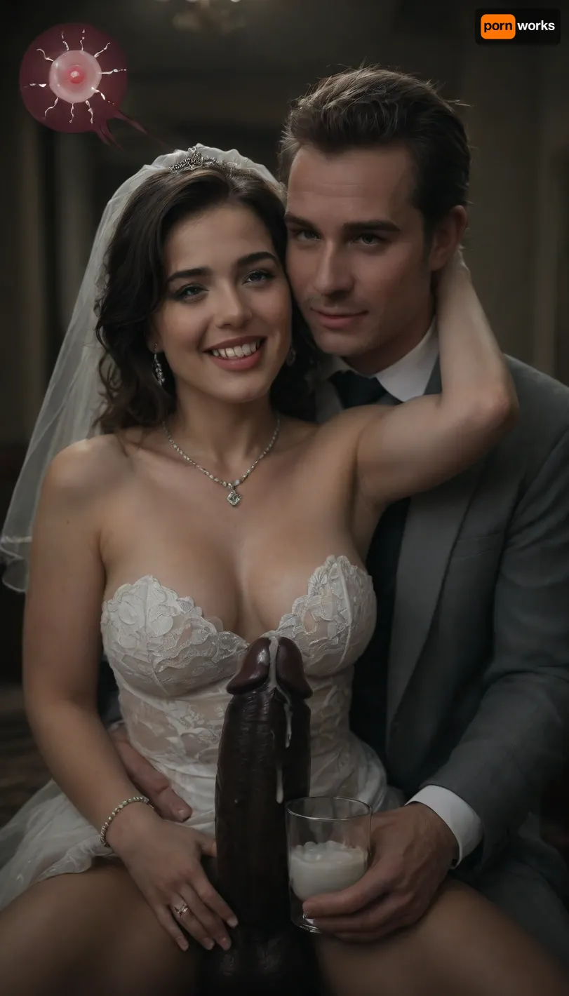 interracial, (pov of black penis), ((1white cuckold husband in suit is behind the bride hugging the bride)), very large black penis, The happy chubby Persian bride in sexy wedding dress, cum driping bride's chain' cum driping from black penis, (((sperm in from transparent glass cup, there is glossy and sticky sperm in cup))), cup full of sperm, cum swallowing, cum dripping from the corners of her lips, The woman holds the cup under the black cock., happy, romantic_couple_poses, <lora:671410_training_data:.8>, <lora:dark:.5>, <lora:happy_v2:.8>, <lora:1365620_training_data:.8>