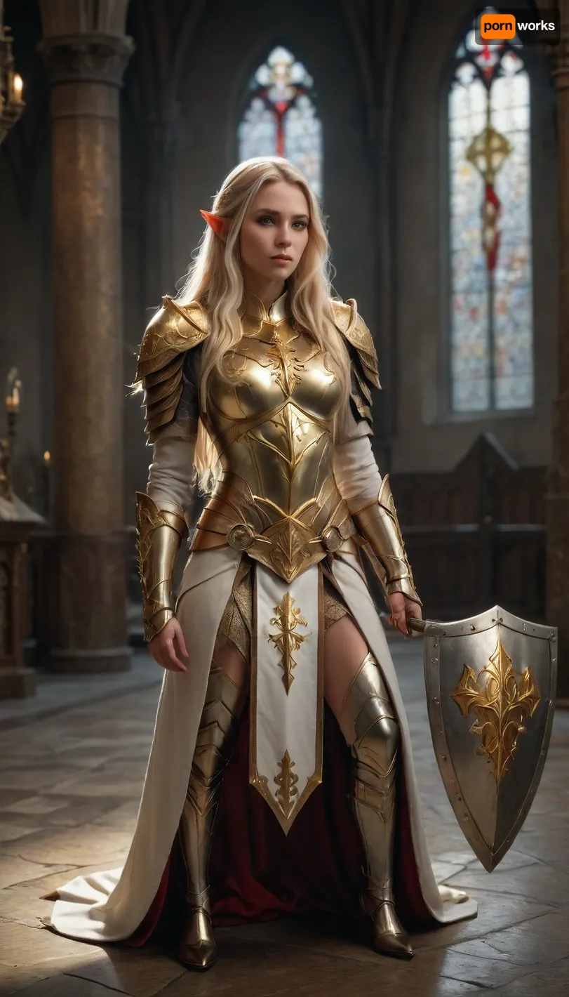 A beautiful elf cleric, tall and slender, sexy, wearing white metal armor, in the center of the armor's breastplate a golden holy symbol, very long blond hair, shoes with very high heels, is praying in a medieval church, ((next to her on the ground a war club and a shield)), mstltmrc, <lora:mstltmrc:.8>