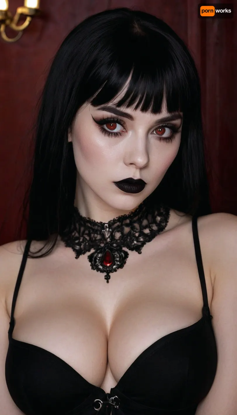 gothic, goth, pale skin, dark black-red eyes, black hair, bangs hair, black eyeliner, (black lipstick), white skin, perfect eyes, small eyes, detailed eyes, small nose, good anatomy, ultra detailed, high resolution, fake breasts, slut face, whore, (ahegao:1), sexy posing, (illustration:1), (hand drawn:1), (anime:1), Stable-Yogis-Makeup-Enhancer-XL