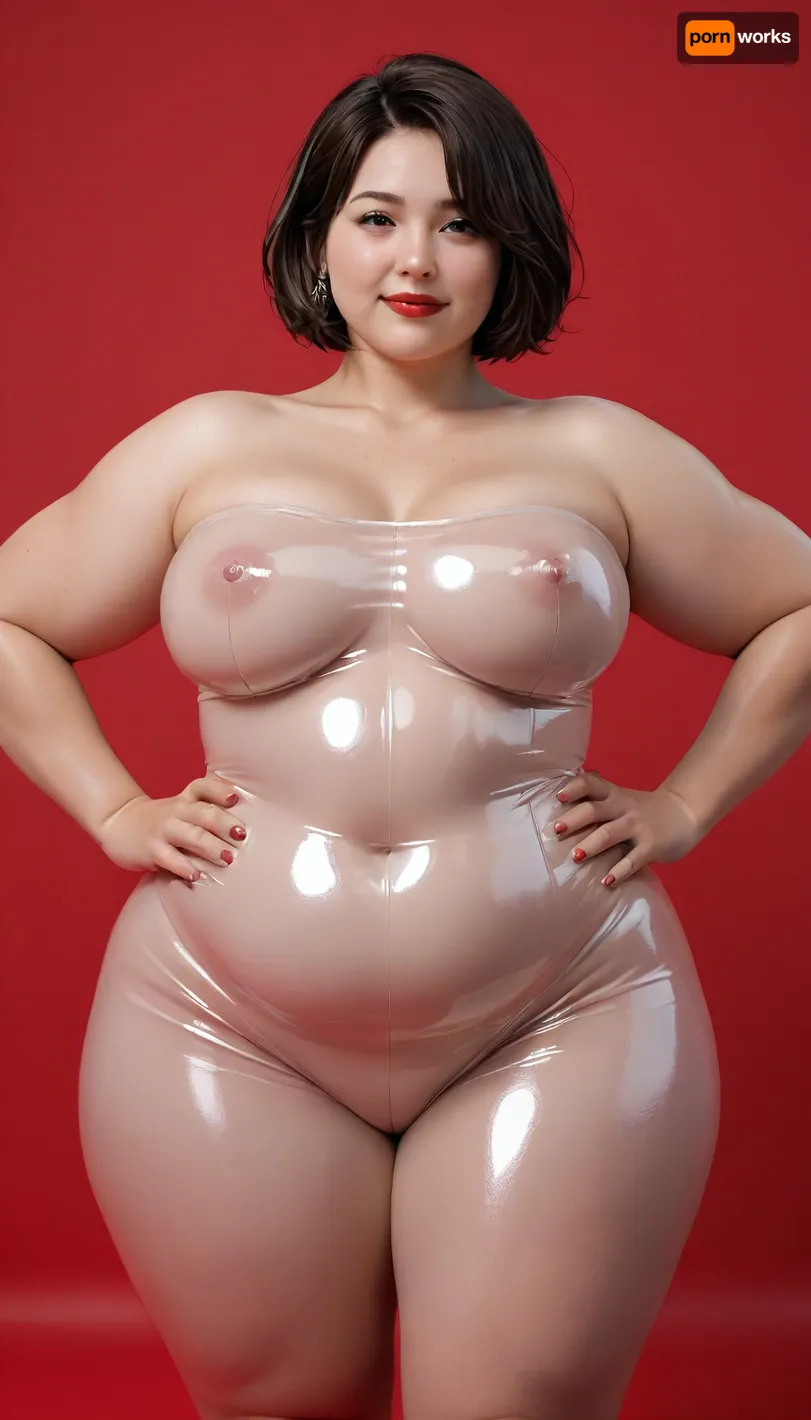 plain red background, very chubby woman, (bbw:1.8), (fat:1.8), oiled skin, very shiny skin, brunette, short hair, very busty very chubby, ((wearing translucent clear latex bodysuit)), full red lips, smiling, standing, hands on hips
