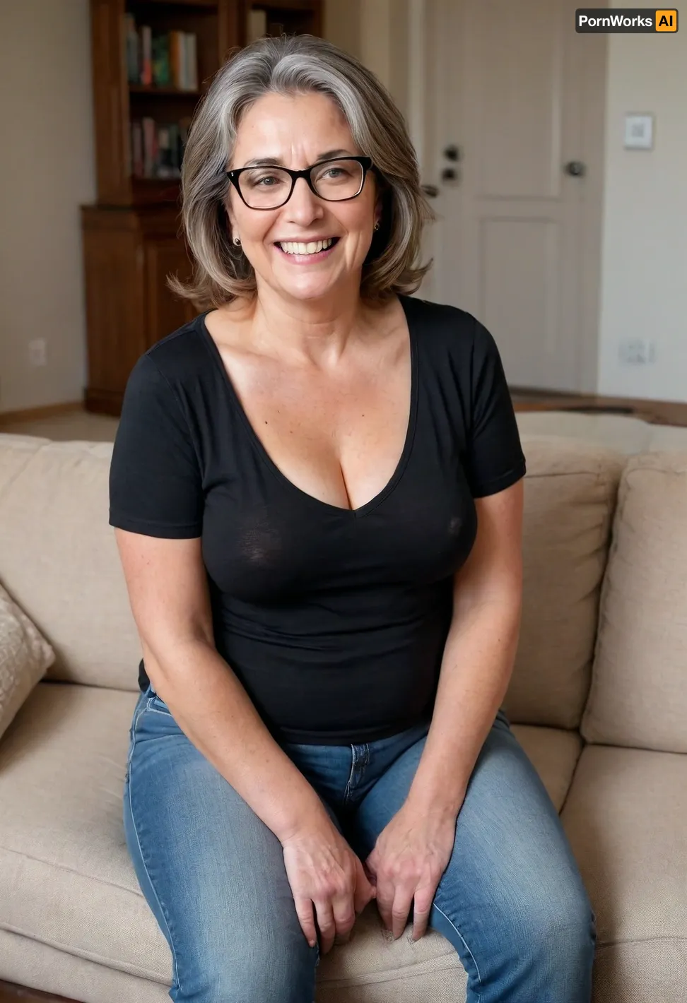 60 year old mature woman, glasses, sitting on a couch, in a living room, (small, not tall), (wide hips:1.3), (big hips:1.3), brunette hair with gray roots, chubby round face, big smile, (capturing full body, happy expression), best quality, photorealism, masterpiece, tight highwaist blue jeans, lowcut v-neck black t-shirt tucked in, sagging, FUPA, braless, downblouse, nipslip, <lora:RealDownblouseXL2:.4>