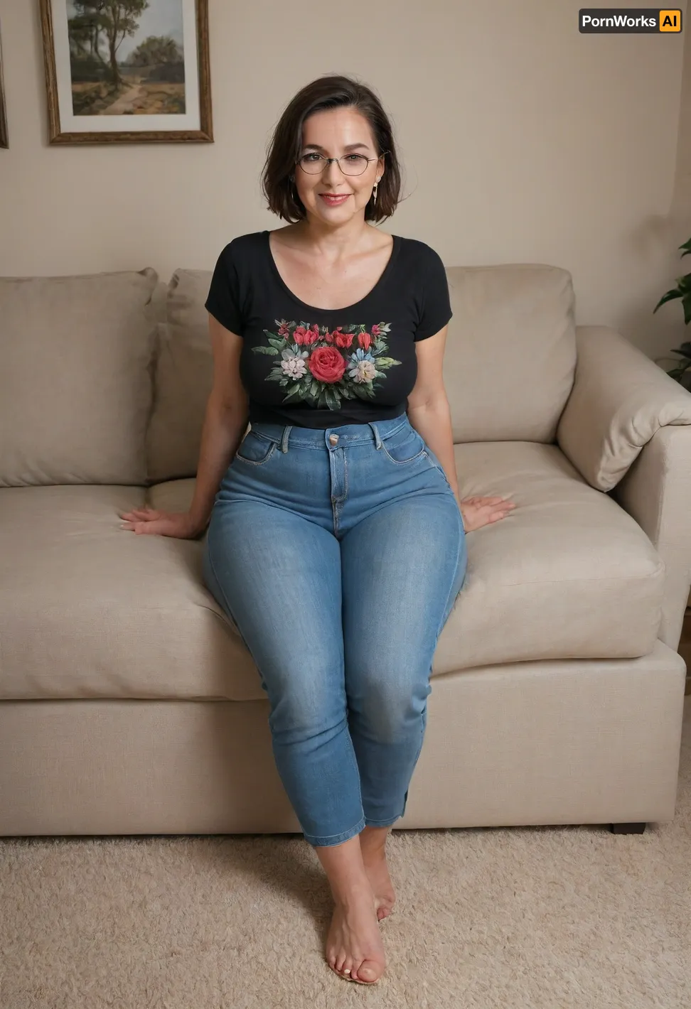 (Gilf), 60 year old mature woman, glasses, sitting on a couch, legs spread, in a living room, (small, not tall), (wide hips:1.3), (big hips:1.3), brunette hair with gray roots, chubby round face, big smile, (capturing full body, happy expression), best quality, photorealism, masterpiece, tight highwaist blue jeans, lowcut v-neck black t-shirt with red floral pattern tucked in, sagging, FUPA, braless, downblouse, nipslip, <lora:RealDownblouseXL2:.5>