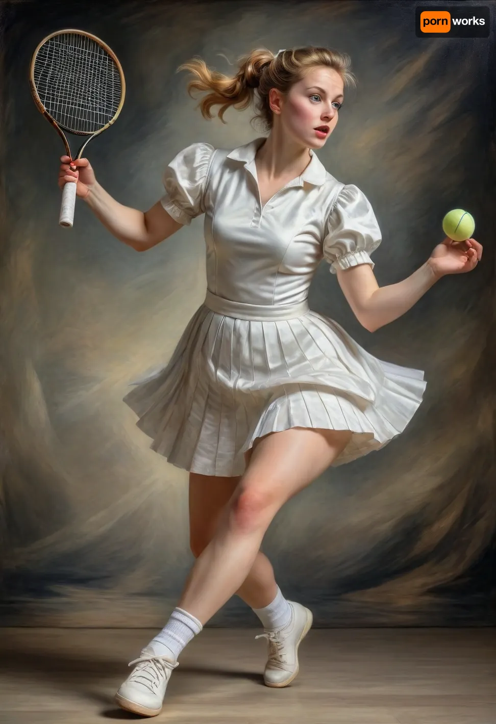 Peter Paul Rubens Style, A Peter Paul Rubens painting of a woman tennis player. in the 20century. She's wearing a white tennis player's costume with a short pleated skirt. She jumped up and raised her racket to serve the ball.., <lora:Peter Paul Rubens Style:1>