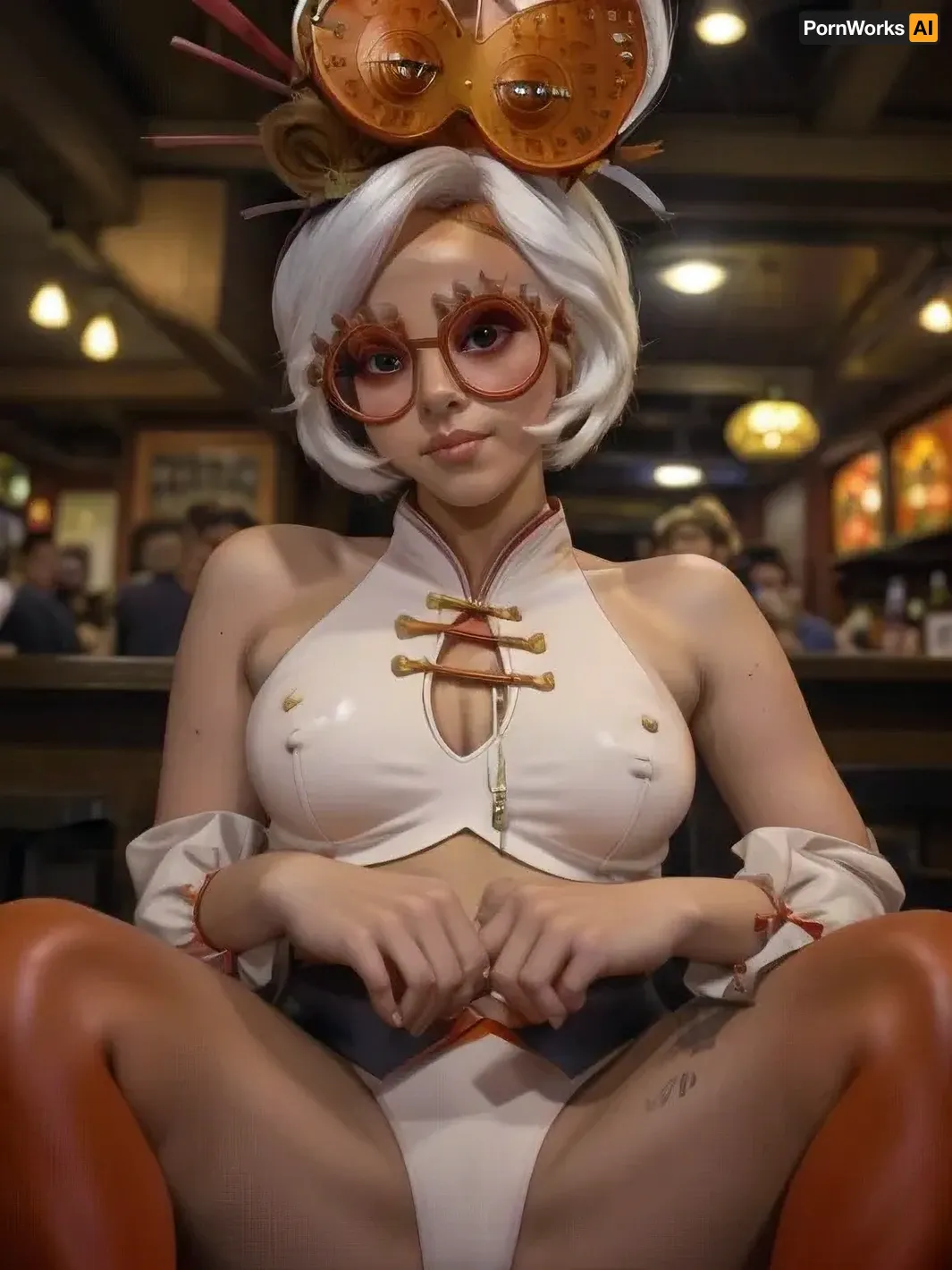 crowded bar, no makeup, good hands, perfect fingers, leotard, puffy cameltoe, purah, red, glasses, hair, ornament, stick, headband, white, bare, shoulders, jacket, black, orange, leggings, high, heels, sleeveless, <lora:ahx_v1:.7>, <lora:purah-nvwls-v3-final:1.5>, <lora:mlegs1-000015:1>, <lora:mlegs1-000015:.5>