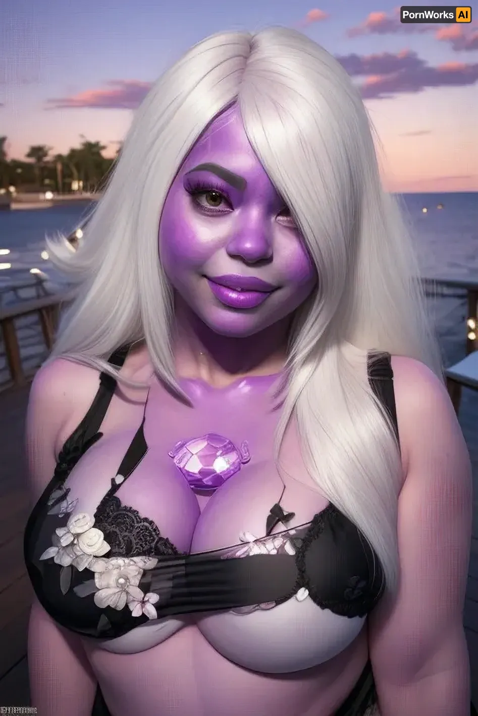 posing for a picture, boardwalk, full body view, tank top, black bra, purple skin, long white hair, gem between collarbone, (insanely detailed, beautiful detailed face, masterpiece, beautiful detailed eyes, best quality), smiling, solo, <lora:Amethyst-10v6:1.2>, <lora:weight_slider_v2:.5>