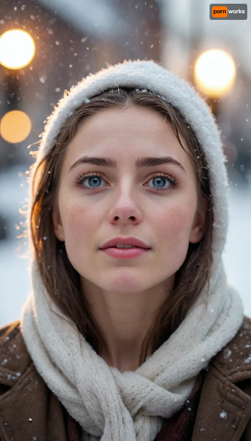 (20 year old woman's face, looking up head tilted back at winter sun, blissful expression:1.4), (snowing, wet skin, wet hair:1.4), (hands to the side of her face), (city lights in background, bokeh), (extremely intricate and detailed, highly detailed eyes, high resolution eyes, high quality eyes, highly detailed hair), (masterpiece, sharp focus, dramatic, award winning, cinematic lighting, warm glow lighting face), (same color eyes, symmetric eyes, matching eyes, detailed eyes, detailed iris, detailed pupils, limbal ring around iris, perfectly round iris, perfectly round pupils), (expressive eyes, striking eyes, captivating eyes, glittering eyes, Fae eyes), (photography rule of thirds), blue eyes, dark eyebrows
