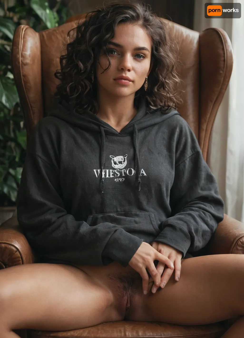 score_9, score_8_up, score_7_up, 1girl, solo, sitting, long_hair, realistic, female_pubic_hair, chair, pubic_hair, traditional_media, brown_hair, hoodie, spread_legs, hood, sitting_backwards, dark_skin, sweater, head_rest, dark-skinned_female, bottomless