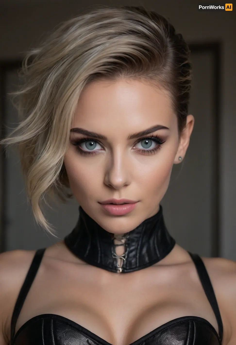 (masterpiece:1.2), (best quality:1.2), (award-winning:1.1), (BDSM aesthetic, fetish aesthetic, dominatrix:1.4), (dominant woman, strong features:1.5), (sense of intimacy:1.4), (breathtaking woman's face, perfect sharp focus on eyes:1.5), (seductive expression, wry smirk:1.3), (intricate eye details:1.6), (pale grey eyes, captivating eyes:1.6), (long delicate eyelashes:1.5), (perfectly applied eyeliner:1.4), (voluminous short cut hair, ash blonde hair with dark highlights, stylish textured hair cut, loose strands of hair, swept back hairstyle:1.4), (shallow depth of field:1.6), (softly blurred background:1.3), professional color grading, (natural skin texture:1.6), (realistic skin details:1.5), subtle skin imperfections, (intricately detailed hair:1.5), (expressive detailed eyes:1.6), (visible limbal ring:1.5), (detailed iris texture:1.5), (natural hair texture:1.4), (realistic eye texture:1.5), subtle vellus hairs, (strict corset:1.5), ziprealism