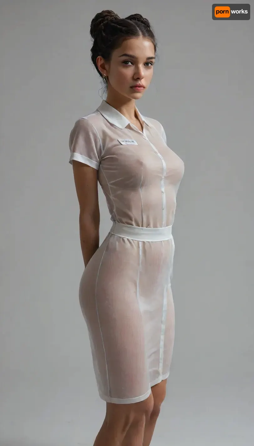 masterpiece, best quality, ultra-detailed, high resolution, 8K, sharp focus, intricate details, highly detailed, 2d, (flat color:2), (no lineart:2), simple background, gradient background, 1girl, solo, black hair, long hair, dreadlocks, bun, braid, detailed face, detailed eyes, black eyes, no pupils, seductive, big breasts, curvy, athletic, thick thighs, wide hips, narrow waist, big ass, bottom heavy, detailed skin, smooth skin, dark skin, nurse uniform, transparent clothes, teasing