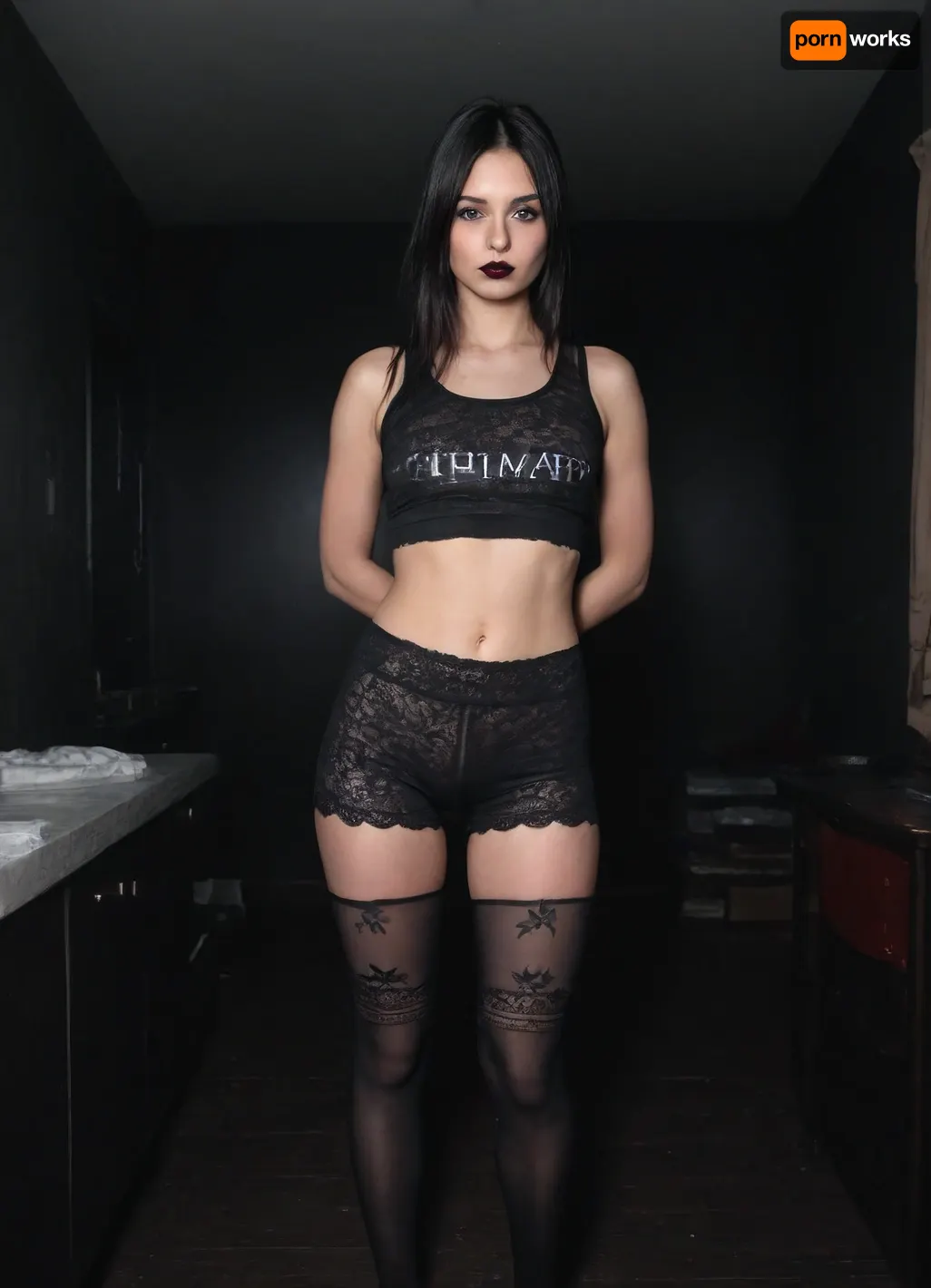 ((petite)), candid photo, a young girl naked, pretty, aged 18, petite body, extremely small breasts, straight black hair, very long hair, black hair, she is wearing a tank top that goes up to her thigh, there is a butterfly print on the tank top, with one hand she lifts her shirt, revealing her, (shaved dark black vagina), vagina Focus, behind the girl there is a white wall with an inscription that says, (((no fap:2))), (Detailed face), (real skin texture), (striking makeup, black eyeshadow, silver eyeshadow on the eyelids, and a dark red lipstick, she is in a room of a house, next to the TV, (dark room:2), (low lighting), ((yellow photo filter effect)), (hard light), (warm light), (hard shadow), (sharp background), (grainy effect:1), (noise:1)), platform cuissard boots, lace white stockings