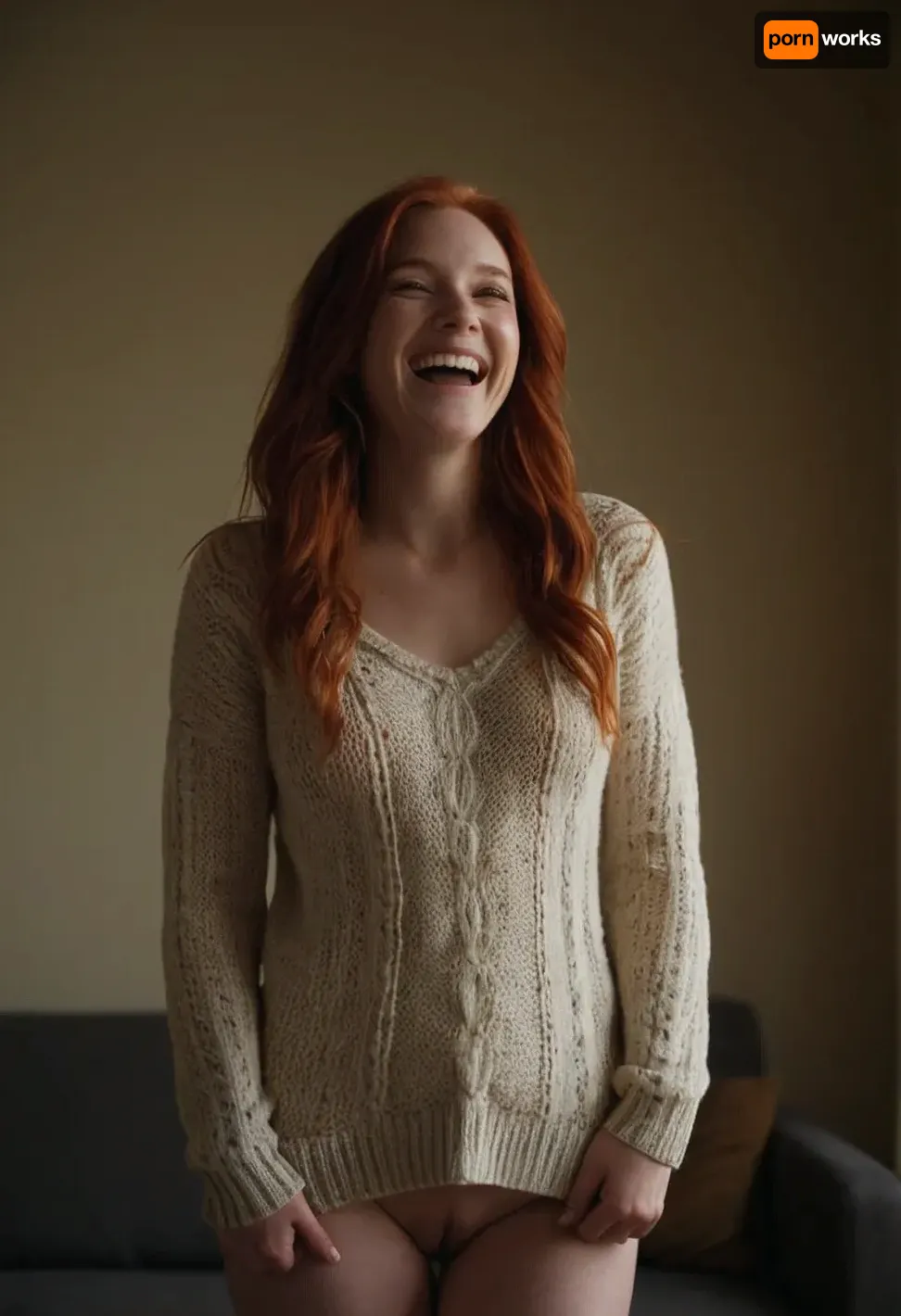 A young, pretty 30-year-old girl, red-haired, laughing, a slender figure with small breasts, without underwear, bototomless, in one long knitted sweater bounces high, from which the sweater lifts and her pussy is visible, full body view