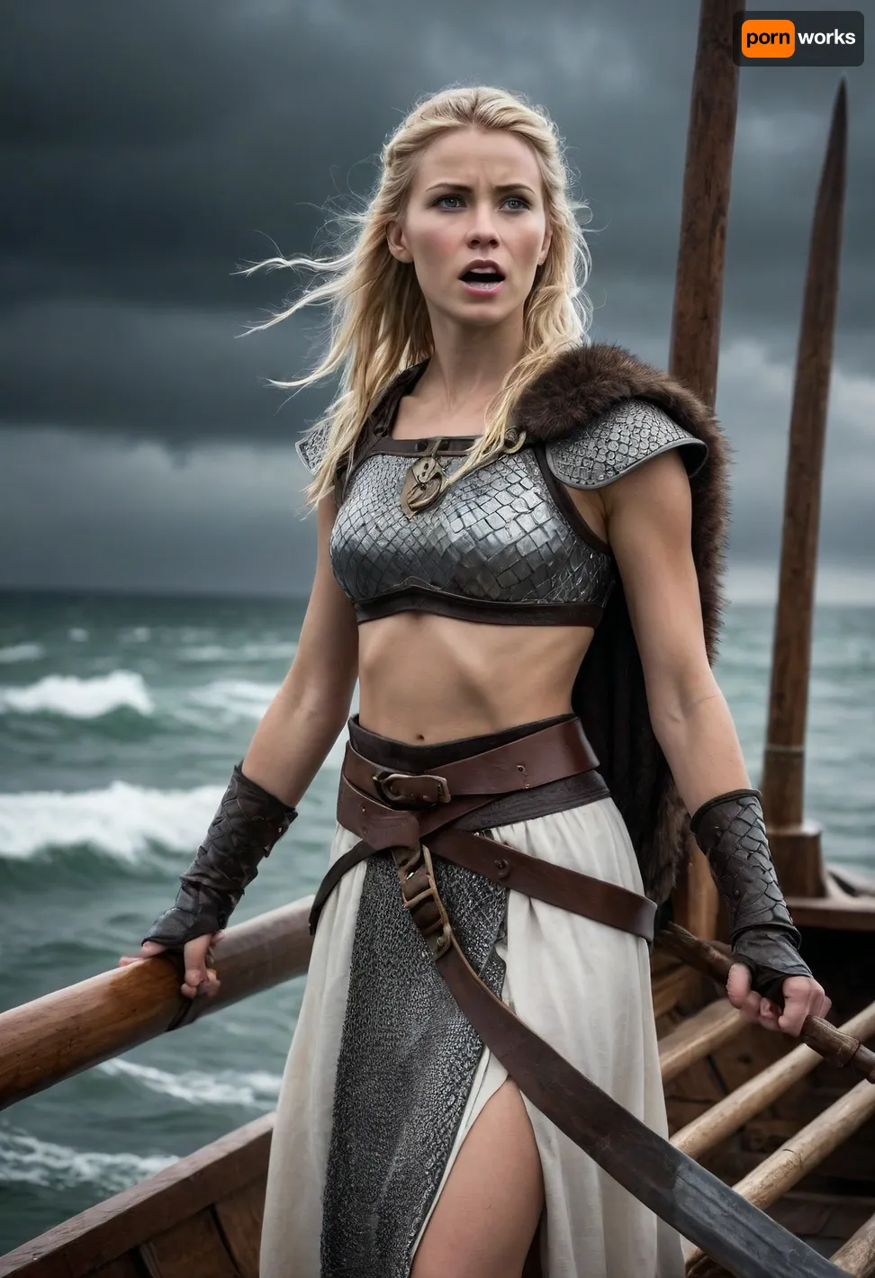 a stern Viking warrior stands on the deck of a dragonboat, his face is weathered and scars are visible, he is dressed in chain mail, leather bracers, a wolfskin cloak is draped over his shoulders, a Carolingian sword hangs from his belt, carries on his shoulder a resisting young slender blonde woman in a simple long white dress, her dress is pulled up and a round ass, a woman screams for help, round shields, axes and spears are stacked on the deck of a dragonboat, stormy sea in the background, leaden-gray sky with dark clouds and lightning, the whole picture is in the style of the Dark Ages, dramatic colors, high resolution, realistic. Style