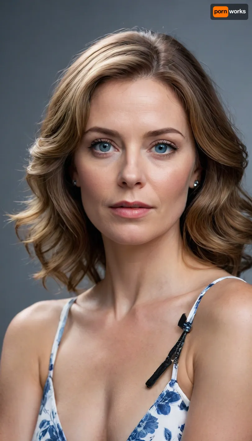 A photorealistic image, depicting a close-up portrait of a woman in her late 50s with wavy, shoulder-length light brown hair. She has fair skin, beautiful blue eyes, and full, slightly glossy lips. Her expression is direct, looking at the viewer with a subtle, perhaps slightly seductive, gaze. She appears to be a fuller-figured woman, wearing a white dress with a blue floral pattern that reveals a noticeable cleavage. A silver bracelet is visible on her left wrist, and the strap of a black purse is draped over her left shoulder. The background is a stark, solid black, which emphasizes the subject. The lighting is soft and even, illuminating her features without harsh shadows. The overall mood is intimate and focused on the woman's face and expression