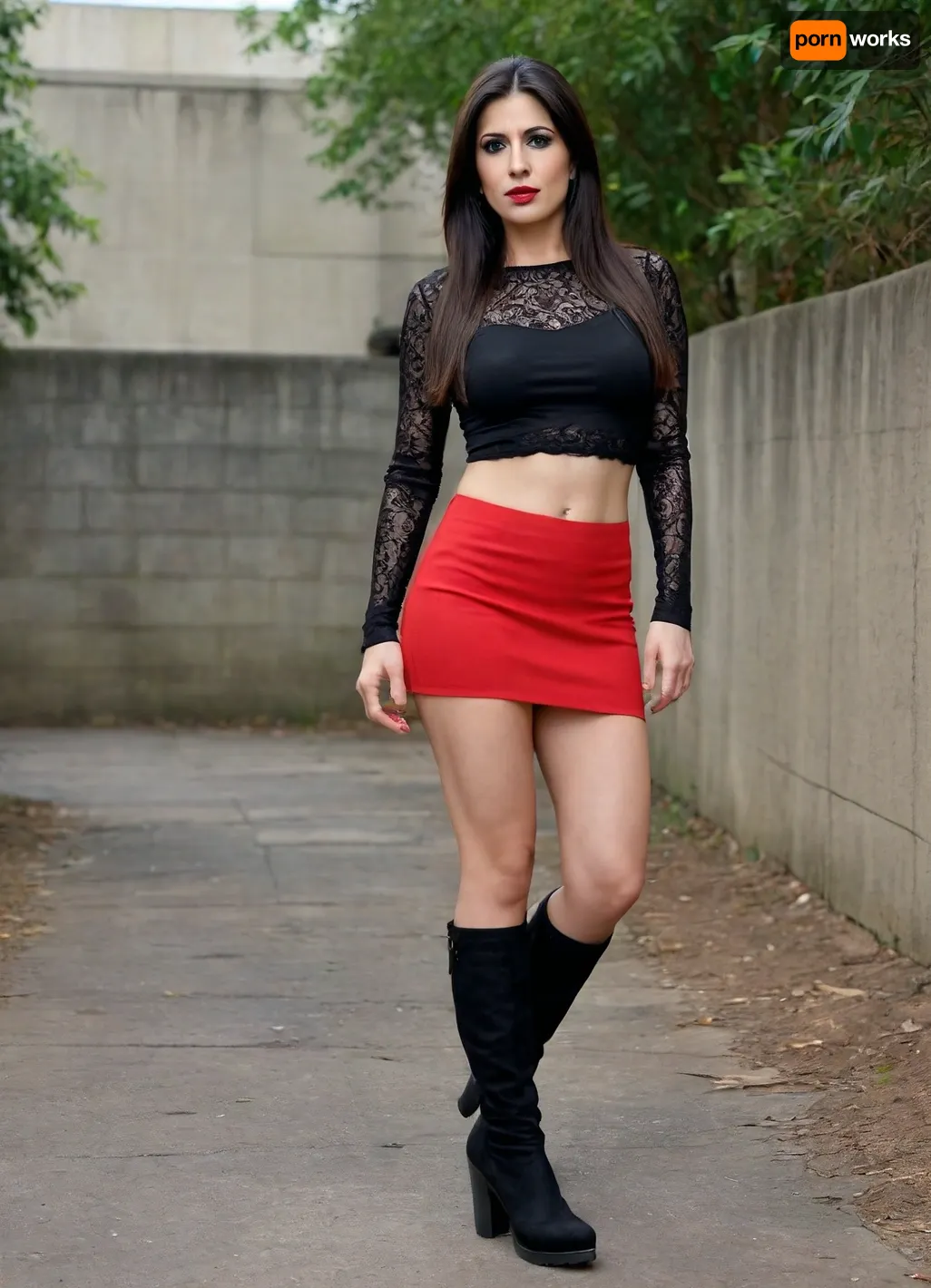 brunette 42 years old, black long straight hair, pakistani, bengali, microskirt, tight top, tight knee platform boots, big hazel eyes, small breast, flat breast, red lipstick, black eyeshadow