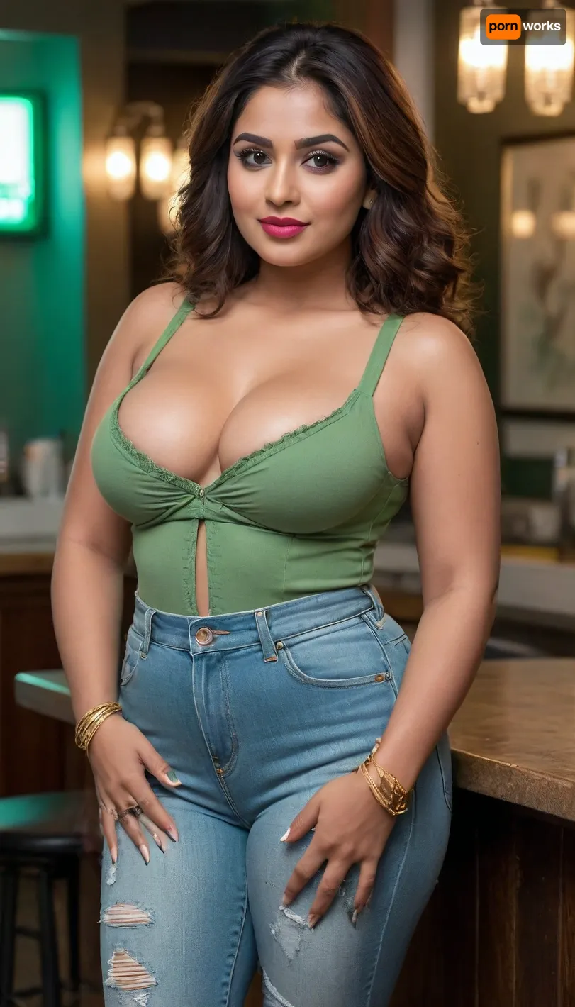 A stunning 34-year-old Desi Kerala MILF wife, (brown skin:1.2), (big rounded face, large expressive eyes, soft rounded nose:1.3), (thick hourglass figure:1.4), with, (voluminous 36C breasts, deep cleavage spilling from tight green camisole:1.5), (28-inch waist, 37-inch hips:1.3), wearing an, (ultra-low-rise hip-hugging scrapped green pencil jeans:1.6), that cut provocatively below her navel, exposing her hip bones and clinging to her curvaceous thighs and round buttocks. The jeans are, (distressed with frayed hems and tight tapering at the ankles:1.4), . She pairs it with a, (denim jacket casually draped off one shoulder:1.2), and traditional Kerala gold jewelry—, (jhumkas, stacked bangles, and a minimalist nosering:1.3), .

She leans flirtatiously against a neon-lit nightclub bar counter, (hands gripping her waistband or resting on her hips:1.4), (back slightly arched to emphasize her buttocks:1.3), . The club ambiance features, (moody blue and pink neon lights reflecting off her skin:1.2), (a faint haze of cigarette smoke in the background:1.1), ., (8K resolution, ultra-realistic skin texture, detailed fabric folds showing the strain of the tight jeans:1.4), . Desi erotic mood, (confident smirk, smoldering gaze:1.3), . Avoid cartoonish proportions, exaggerated anatomy, or unrealistic lighting
