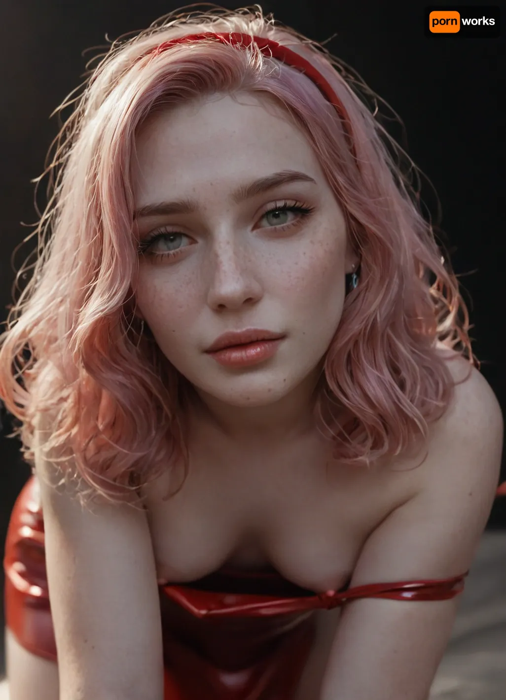 Score_9, european woman, (face closeup:1.2), (chubby:1.1), cute face, bangs, long messy hair, (hair covering one eye:1.1), perfect small breasts, pale pink hair, (latex ruffle headband), (pale skin:1.5), transparent red latex ruffle minidress, (transparent latex:1.1), (white eyes:1), (puffy areola:1), seductive smirk, narrow lips, freckles, ((no makeup)), (below view:.9), (side view:1.05), (leaning forward kneeling), (pulling her dress down:1.75), night, ruby contour, perfecteyes, <lora:aka-000002:1.6>, <lora:EnvyZoomSliderXL01:1.8>, <lora:light_contour_sdxl:1.3>, <lora:PerfectEyesXL:1>, <lora:405168_training_data:1.6>