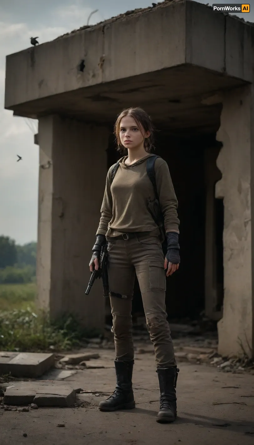 ((((((exclusion zone, post apocalypse, a poor bunker with a broken roof where you can see the sky and birds, old damp cracked concrete, wanderer, stalker, wandering, exploring the world and empty surroundings, she has a weapon of the future for protection, she is on guard, enemies are hiding in ambush))), (((She is a young resistance fighter)), (((background, machines-robots standing broken, wake, battle, invasion of planet earth)))))))