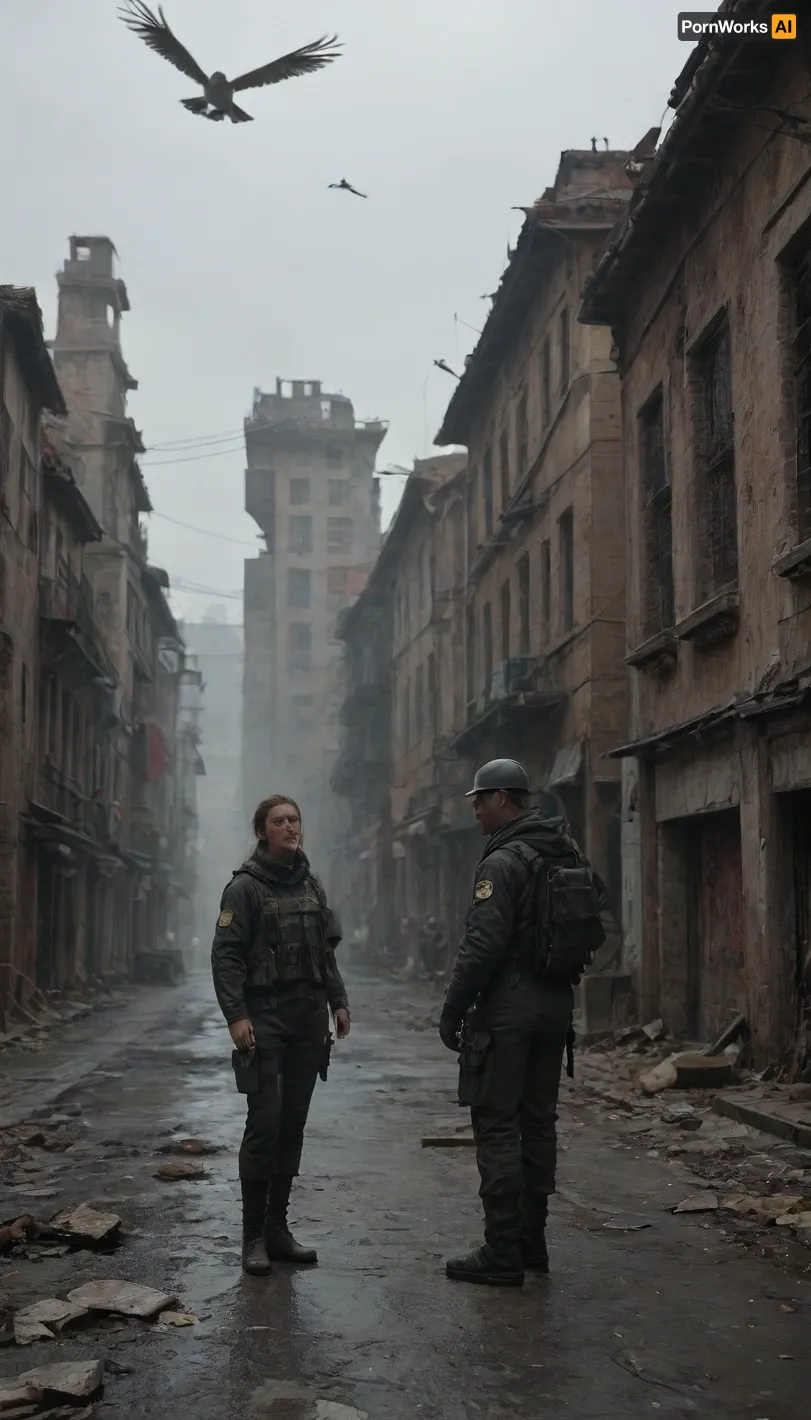 exclusion zone, post apocalypse, a poor bunker with a broken roof where you can see the sky and birds, old damp cracked concrete, wanderer, stalker, wandering, exploring the world and empty surroundings, she has a weapon of the future for protection, she is on guard, enemies are hiding in ambush
