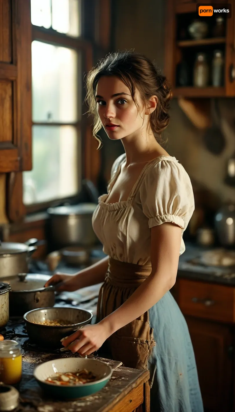 score_9, score_8_up, score_7_up, best quality, masterpiece, high resolution, (ambient light, volumetric light), slim, medium breasts, a young woman while cooking nut dish in a messy kitchen, wearing just an small apron, vintage interior, old cupboards, cooking, 1950 clothing, cleavage, <lora:MJ52:.8>