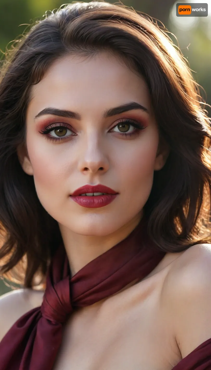 a hypnotic young woman with deep burgundy eyes that shimmer like crushed rubies in the scorching midday sun. Her perfectly sculpted brows and voluminous lashes frame her captivating gaze. Her lips, painted a vampire black and red, are slightly parted in a seductive grin. Her dark wavy hair is playfully tousled, giving off a sense of reckless passion. A transparent black silk scarf is loosely wrapped around her neck, hinting at the dangerous temptation of the future. The sunlight plays on her sharp collarbones and the gentle curve of her bare shoulder. Hyper-realistic portrait, cinematic lighting, surround glow, ultra-HD textures, 8K resolution, rich contrast ".к.разумов