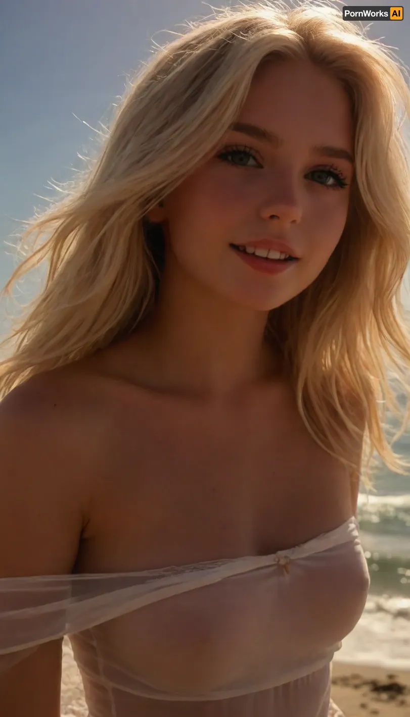 cowboy shot, (sharp focus, focus on eyes, perfect eyes), (playful pose, adorable girlfriend:1.4), (long sun-bleached blonde hair, loose strands of hair), (cute white sundress, transparent filmy sundress, off shoulder, nipple slip), (sunny beach, scenic beach beach), (god rays, hair glow lighting, cinematic lighting:1.4), (natural skin texture, natural hair detail), ziprealism, igbaddie, <lora:igbaddie-XL:.8>