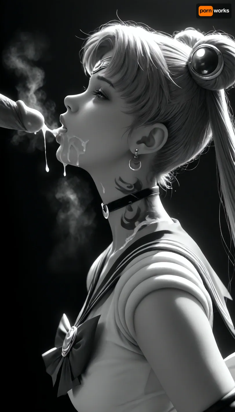 ((Cotton:1.9)), score_9, score_8_up, score_7_up, (white man), (close up), muscular, (steam on mouth:1.4), (seven inches penis), (standing up straight), excessive cum, dripping on to girl, cum, (looks with love and happy), (((profile view))), cum shooting, cum dripping, (((Sailor moon))), (woman 20yo kneeling), (woman looking up at man), (ban haircut), (((black silhouette))), (((monochrome:1.9))), heavy natural droplets breasts, (black background), (collar with spikes), (black makeup), (tattoos on neck:1.5), (red blindfolded:1.2), (plump lips:1.3), backlight, style, light, aausagi, long, hair, double, bun, twintails, parted, bangs, tiara, earrings, blue, eyes, red, choker, sailor, collar, bow, white, shirt, elbow, gloves, skirt, ornament, heart, see-through, multicolored, forehead, mark, wings, brooch, puffy, short, sleeves, yellow, layered, <lora:206223_training_data:2>, <lora:sailor_moon_animaginexl_v1:.8>