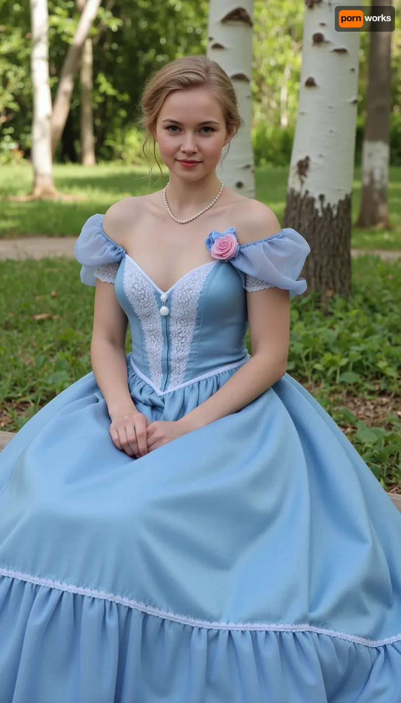 (RAW photo), 4K, best quality, realistic, photorealistic, masterpiece, extremely detailed, an extremely delicate and beautiful, dynamic, realistic anatomy, great lighting, perfect shading, professional shading, depth of field, ((solo)), 19th century, park, 19 yo cute girl, (((((in blue dress))))), sitting in birch forest, ((3/4 body view)), blonde updo hair, jewelry, hud_wht_gwn, a, satin, and, tulle, off-shoulder, sleeveless, full-length, gown, with, fitted, bodice, flared, skirt., the, has, sheer, puff, sleeves, adorned, floral, appliqués, sweetheart-shaped, neckline, lace, or, embroidered, detailing, that, extends, down, front, creating, V-shape., A, pearl, necklace, small, pink, flower, complete, elegant, ensemble, short, sleeve, long, white, victorian, decoration, on, left, shoulder, bow, in, center, <lora:hud_wht_gwn_FLUX:.8>