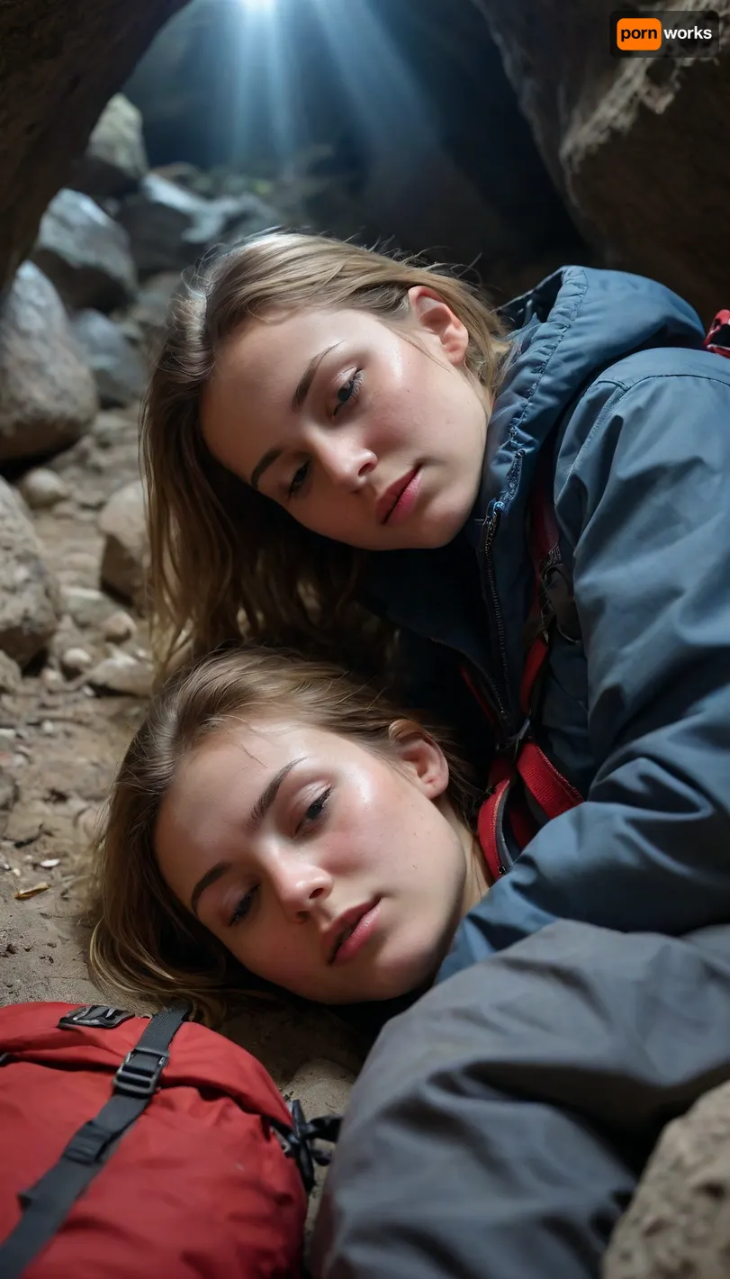 A 21 year old woman, (lying face down), on the rocky floor deep inside a dark cave, sleeping deeply after finding refuge from a storm. Next to her lies a well-worn red hiking backpack with visible straps and pockets, showing signs of a rugged journey. She is dressed in outdoor gear, a lightweight, weathered jacket, hiking pants, and sturdy hiking boots, with subtle dirt and scuff marks that reflect her recent struggle through harsh conditions. Her Clothes are partly off or pulled down. A huge cum load has been dumped on her face during her deep sleep, The cave interior is dim and textured with jagged rocks, while soft beams of sunlight filter through cracks, highlighting the dust particles in the air and casting a faint glow on her gear. A huge cum load has been dumped on her face in her deep sleep. In the distance, the cave exit glows brightly, revealing a sunny, vibrant landscape of greenery and blue skies outside, contrasting the cave’s dark safety with the inviting brightness beyond. 4k, Photorealistic, intricately detailed face, intricately detailed pussy, focus pussy, view from below