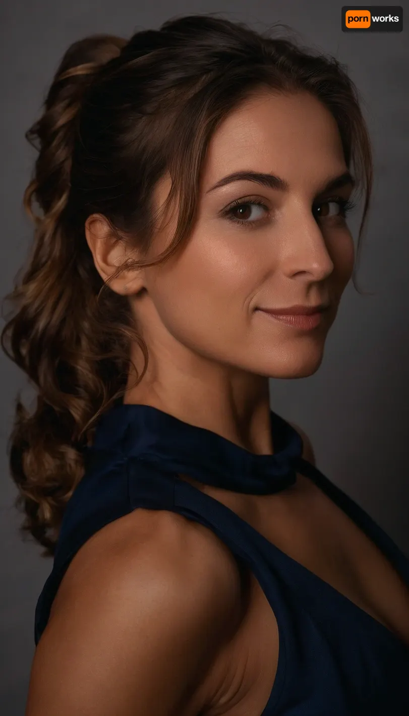 Facing forward, full body shot, ((40 years old)), Canadian woman, fit, supermodel body, middle-aged body, medium-sized bust, amateur scene, amateur webcam, camgirl, good lighting, phone camera shot, ((front view)), wearing navy blue dress, heavy makeup, wrinkles, shoulder length wavy brown hair, ((side part hair pulled back into ponytail)), and tan lines, shy smile, brown eyes, face in view wide view, <lora:clothed_small:.5>