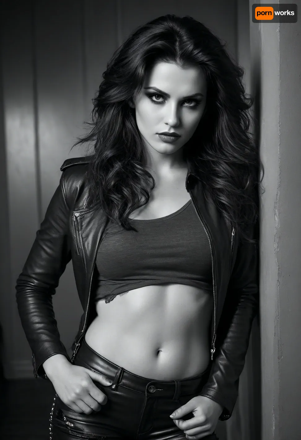 A confident female hair metal fan in her late 20s, captured in a stylish black-and-white photo. She has long, wild 1980s-style teased hair, dark eyeliner, and a fierce, seductive gaze. Her large, natural bust is artfully exposed, framed by a ripped vintage band shirt hanging loosely off one shoulder. She's wearing tight leather pants and studded accessories, leaning slightly forward with one hand in her hair and the other on her hip, exuding both rebellion and sensuality. The lighting is dramatic, casting sharp shadows that highlight her curves and the texture of the fabrics, creating a sensual yet tasteful rock ‘n’ roll aesthetic., ShirtUp, <lora:ShirtUp:.8>