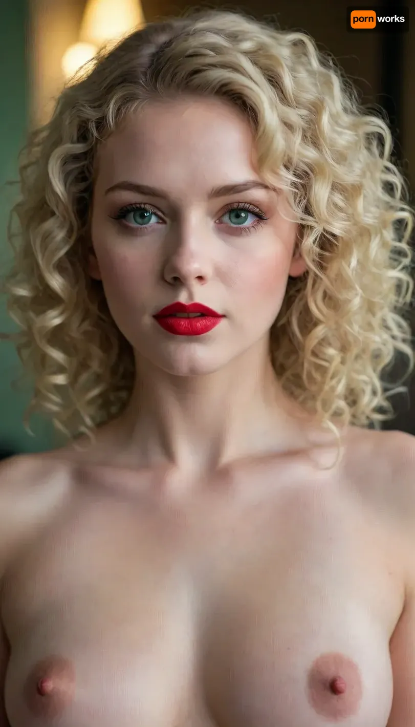 curly blonde hair, red lipstick, green eyes, pale white skin, naked