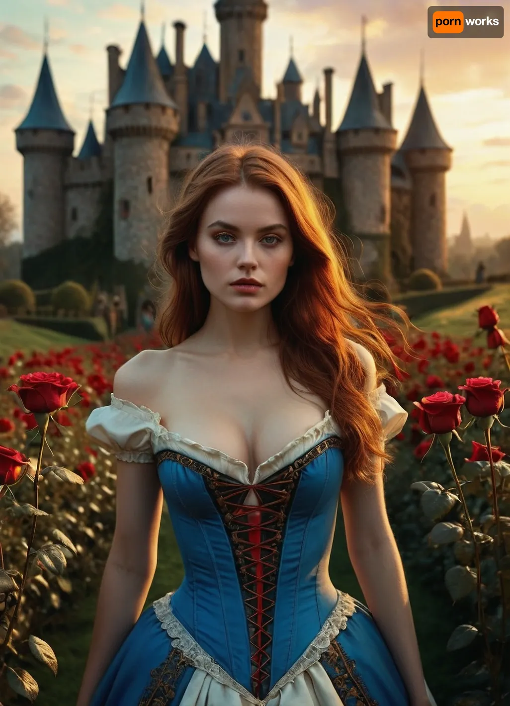 Alice in Wonderland, revealing clothing, beautiful nude breasts, sexy pose, roses, castle in background, highly detailed, cinematic, 8k, by Stanley Artgermm, Tom Bagshaw, Greg Rutkowski, Carne Griffiths, Ayami Kojima, Beksinski, Giger, trending on DeviantArt, hyper detailed, horror, full of color, golden hour, aliceinwonderland