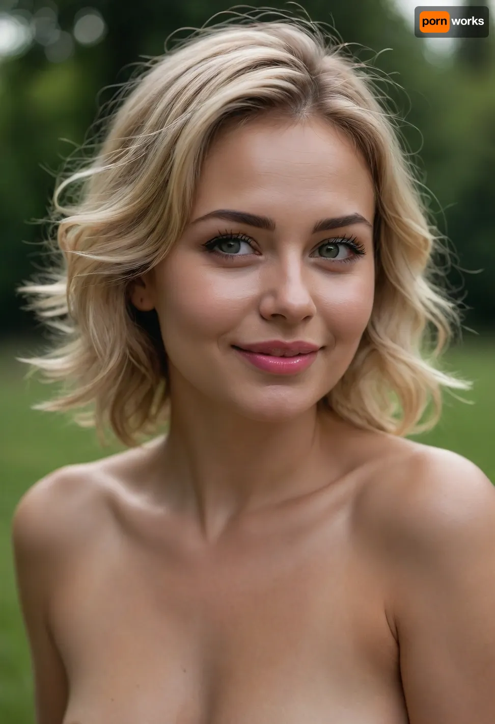 A professional nude photo portrait of a 39yo Russian woman, in a summer park. The woman is beautiful, graceful, short, chubby, with charming gray eyes, long eyelashes, puffy cheeks and sexy pink lips. She is romantic and obviously in love with the photographer, so she smiles subtly, and her eyes glow with happiness. Her skin is oiled. Her hairstyle is short and messy blonde hair.
BREAK
Helios lens, realistic, masterpiece, sharp details.