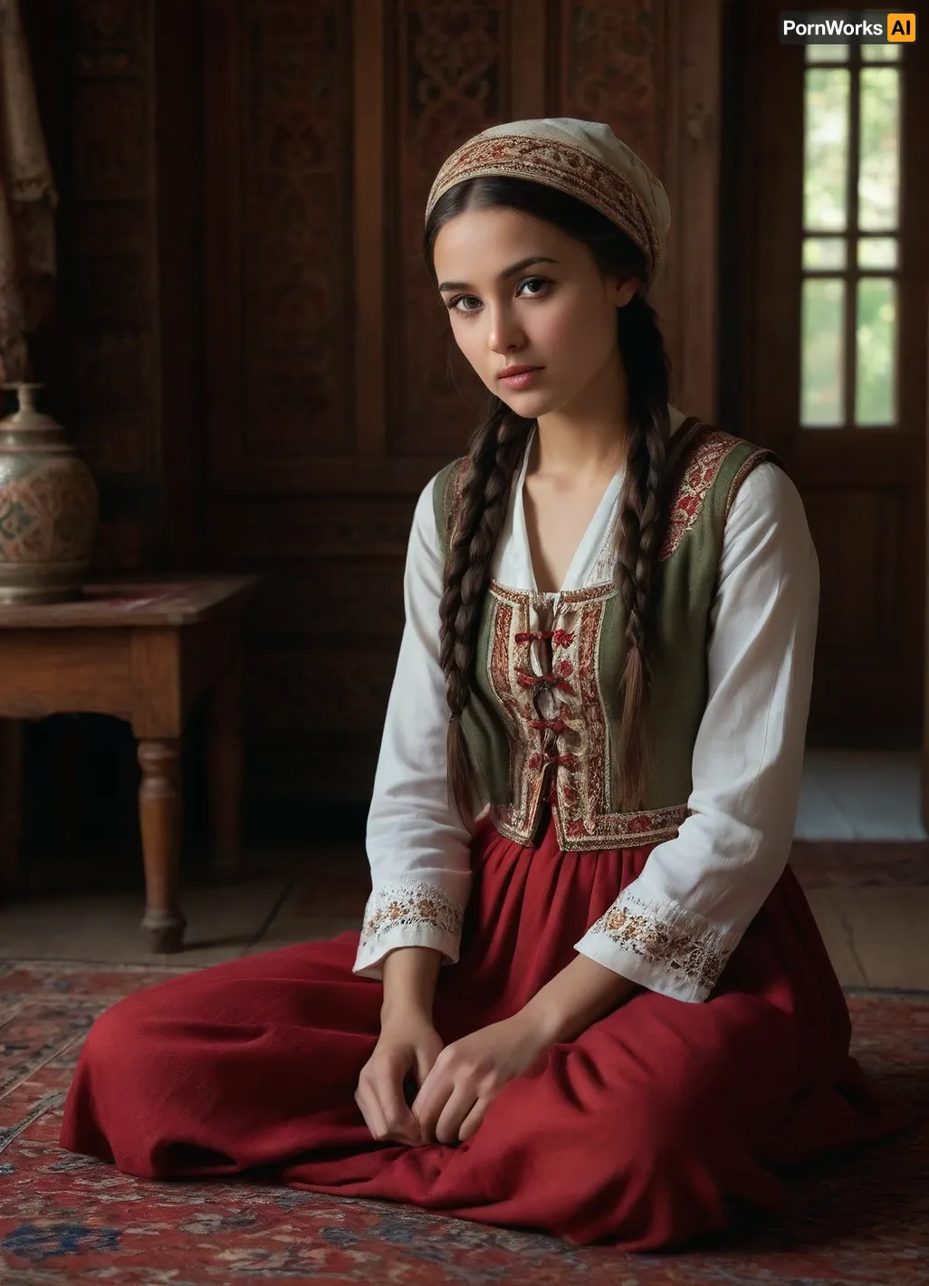 (masterpiece, best quality, photorealistic, ultra-detailed), 1girl, Aisylu Sharafieva, 19 y.o., Tatar, soft olive skin, almond-shaped deep brown eyes, straight black hair braided and tucked into traditional kalfak hat, high cheekbones and delicate full lips, wearing long white embroidered tunic with velvet vest, wide floor-length red skirt, seated cross-legged on woven rug inside traditional wooden Tatar room with carved walls, colorful pillows and hand-woven tapestry behind her, soft warm light from small window casting shadows, brass samovar on low table, calm and modest expression, cinematic rural realism, <lora:add-detail-xl:1.2>