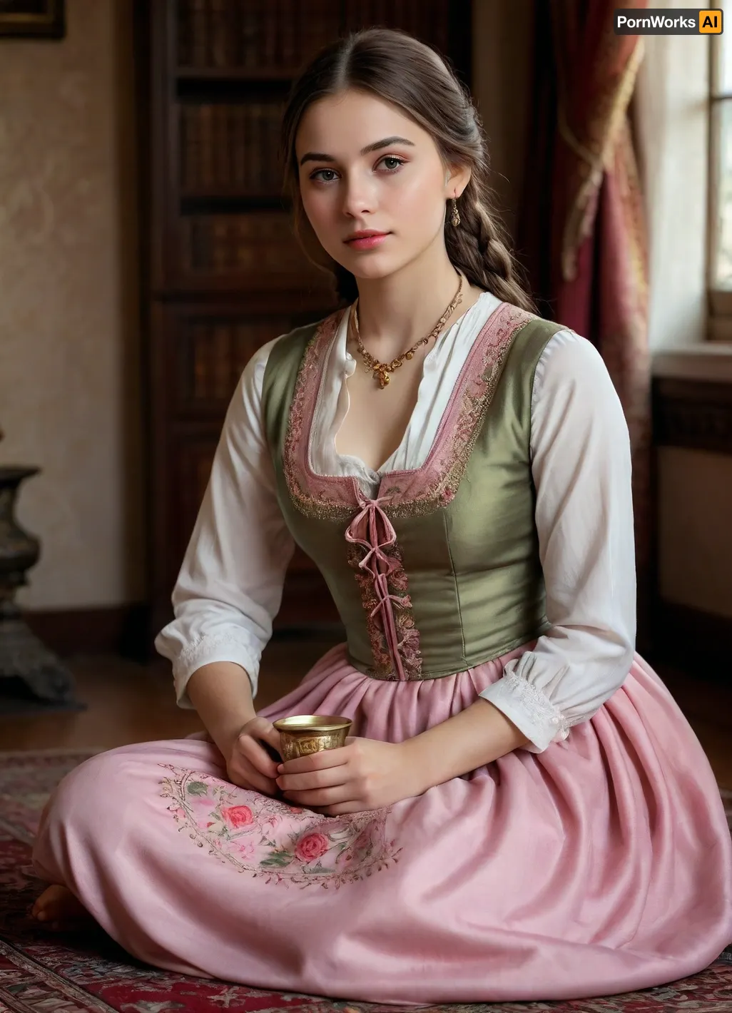 (masterpiece, best quality, photorealistic, ultra-detailed), 1girl, Aisylu Sharafieva, 19 y.o., Tatar, light olive glowing skin, brown almond-shaped eyes, glossy black hair in braid over shoulder, soft symmetrical face with pink lips, fitted embroidered tunic snugly outlining her chest, vest open slightly at collar revealing collarbones, wide skirt drawn close to legs with subtle drape, seated on knees on rug next to brass samovar, one hand on lap, the other holding small porcelain cup, faint smile and gentle blush, warm glow from carved wooden window, rich colors from tapestry reflecting on her form, cinematic lighting, <lora:add-detail-xl:1.2>