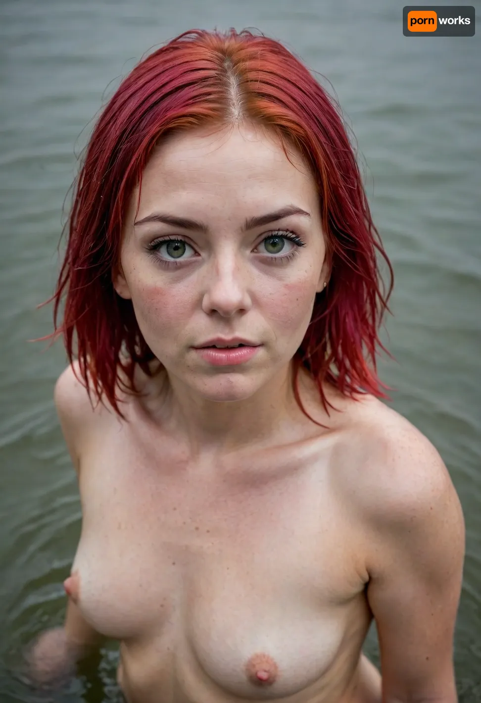 Woman 40 years old, sexy, body, chubby body, masterpiece, best quality, details, high quality, detailed face, detailed eyes, tiny breasts, sharp pink nipples, big eyes, fat belly, serious, shy, 1 woman, attractive woman, very beautiful, wrinkles, freckles, standing waist-deep in water, hair pulled back, (top view:1.3), standing in the water. water. lake in the rain, loving eyes, nude, ((thin lips)), ((red hairy pube)), wet hair, neon yellow hair, messy hair, autumn, goosebumps, Bob cut hair, woman Cute, <lora:FDXLBigEye:.3>, telephoto, full body view