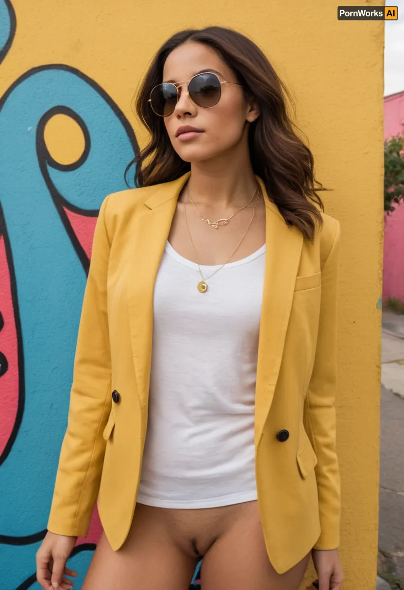 A young woman, light-skinned, is centered in the image, positioned slightly to the left of center. She is looking off to her right, and the image is a three-quarter view. Her hair is shoulder-length, dark brown, and smooth. She is wearing sunglasses. Her expression is neutral and friendly. She is naked. She's wearing a mustard-yellow jacket with off-white sleeves and no cloth underneath, showing her tiny tits. . She's wearing a simple necklace. Her body type is slender and average build. She is standing in front of a colorful, vibrant mural painted on a wall. The mural is composed of various abstract shapes, and bright, bold colors are used. The colors include bright blues, yellows, greens, and pinks. The wall is covered in graffiti-style art. The lighting is bright and outdoor, suggesting a sunny day. The composition is centered on the woman and uses the mural as a background. The perspective is slightly above the subject. The overall atmosphere is casual and relaxed. The style of the image is a snapshot, natural and friendly.