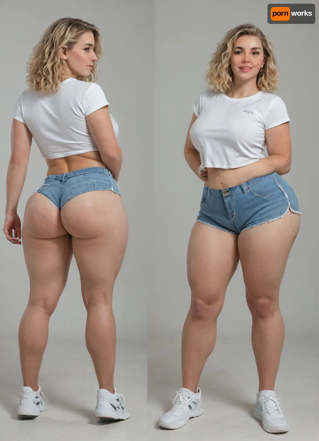 slutty blonde white women, luscious lips, wide hips thick thighs, happy, sweaty, very pale, blushing, sneakers, short running shorts, wide collar small shirt, cellulite, blonde, "BBC only" shirt, multiple angles, fat ass