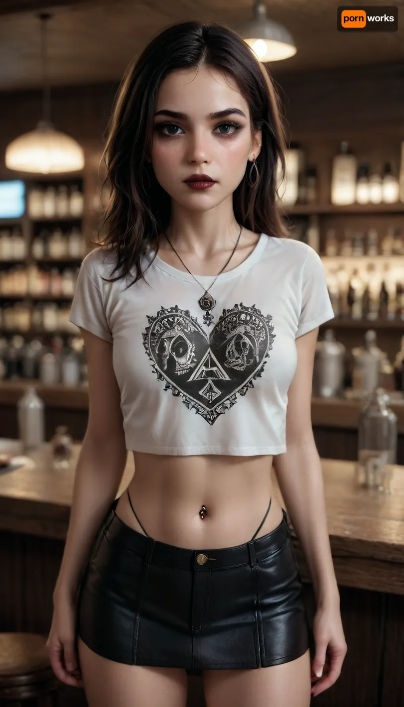 score_9_up, score_8_up, score_7_up, score_6_up, cinematic lighting, high quality, 4k resolution, absurdres, masterpiece, dynamic lighting, raw, A 1girl, goth, (pale skin), dark black eyes, (black hair), bangs, black eyeliner, (black lipstick), white skin, black necklace, pierced belly button, pierced nipple, crowded bar, tan lines, extremely small waist, small waist, wide hips, hourglass body, perfect ass, black high waisted thong, (Wabjer:1.5), queen of spades tattoo on ass, signature tight t-shirt, black short mini skirt with cutouts and thongs, good face detail, perfect face quality, best image quality, (good face detail, perfect face quality, best image quality, best quality, good image detail, body and face are very well detailed, realistic, 8k, high definition of the face, or well detailed, perfect image clarity, very good image clarity, best eye detail, best girl detail, soft light), <lora:3D XL:2>, <lora:detailed_notrigger:.7>