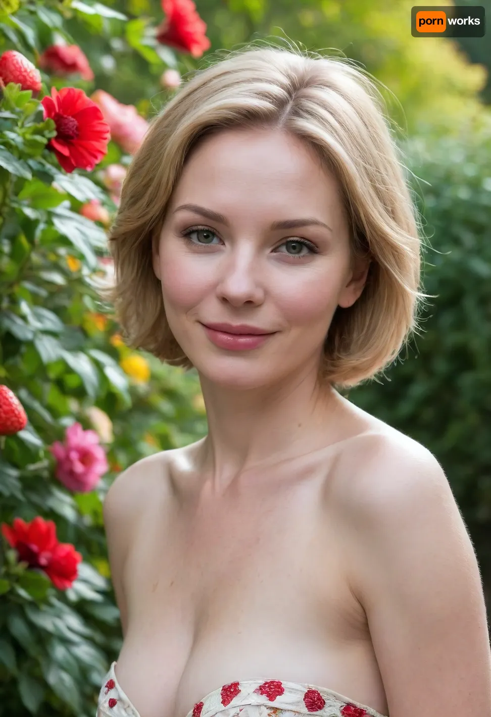 A professional romantic face of a beautiful adorable short 157cm tall chubby curvy 39 year old French woman in the blooming summer park. She has pale white skin, ((round face)), blushing cheeks, charming, ((gray eyes)), perky tits, thin eyebrows, happy smile, strawberry blonde hair, short messy hair, wet hair, ((bob haircut)), . She is wearing a white sundress with red flower pattern. She has, (oiled skin:2), . Helios lens, very detailed, shallow depth of field, flowers in the background, vivid colours, ultrarealistic, masterpiece, wild bokeh. Back view.