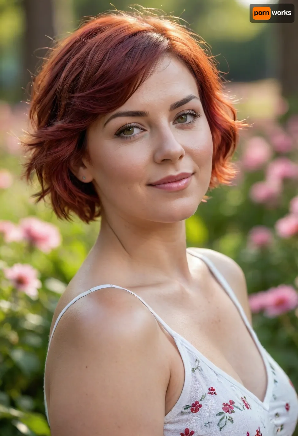 A professional romantic portrait of a beautiful adorable petite chubby curvy 39 year old, (sweaty:1.4), woman in the blooming summer park. She has tanned skin, ((round face)), blushing cheeks, charming, ((hazel eyes)), perky tits, thin eyebrows, happy smile, bright red hair, short wavy hair, ((pixie haircut)), . She is wearing a white sundress with red flower pattern. Helios lens, very detailed, shallow depth of field, flowers in the background, vivid colours, ultrarealistic, masterpiece, wild bokeh. Back view.