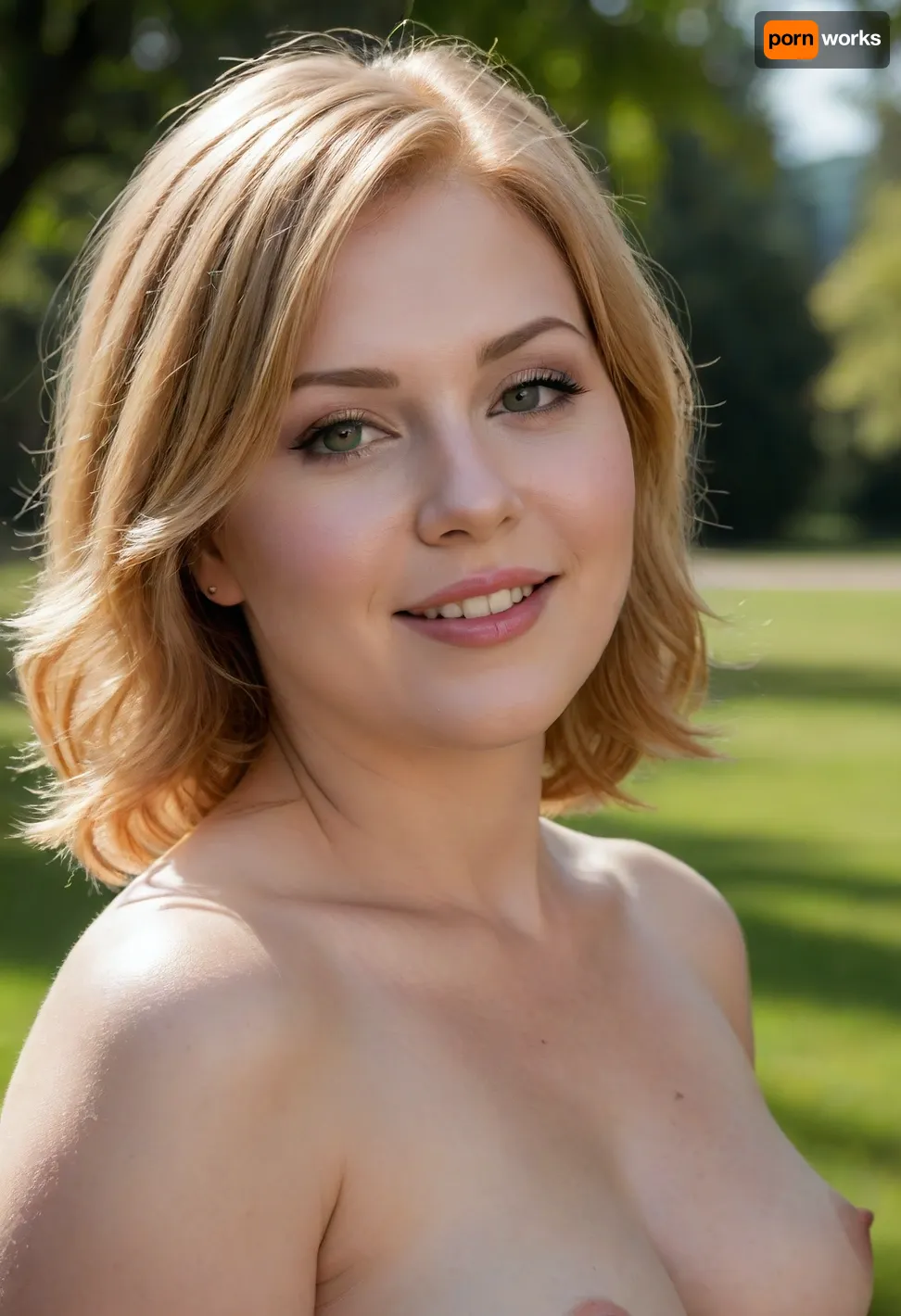 A professional high quality erotic art nude extremely detailed side view wide portrait of a slightly chubby petite strawberry blonde 39yo woman in a park on a summer day. Sunlight and shadow both lay on her face. She looks very natural. Her hair is detailed, short, straight, bob cut. Her small smiling wide-standing eyes are very dark gray, with long natural eyelashes, curious expression. Her cheeks are very round and blushing, her chin is big and square. Her nose is very wide, soft and curvy. Her lips are very thin, small mouth. She has a lovely and tender smile. She has wrinkles on her face., (((No makeup))), . Her skin is, (oiled:1.8), . No clothes, fully naked. Helios lens, bokeh.